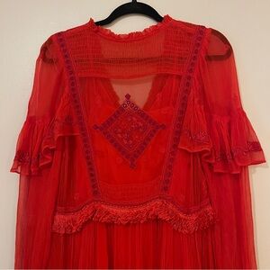 Rare Free People Red Embroidered Silk Sheer Dress, Size Small/Medium